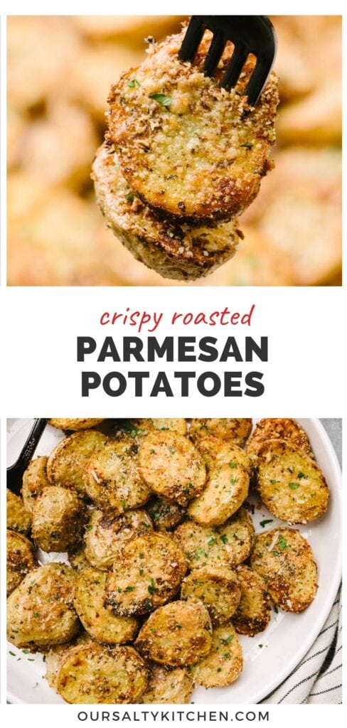 Top - two parmesan crusted potatoes on a fork hovering over a bowl; bottom - a serving spoon tucked into a bowl of parmesan roasted potatoes; title bar in the middle reads "crispy roasted parmesan potatoes".