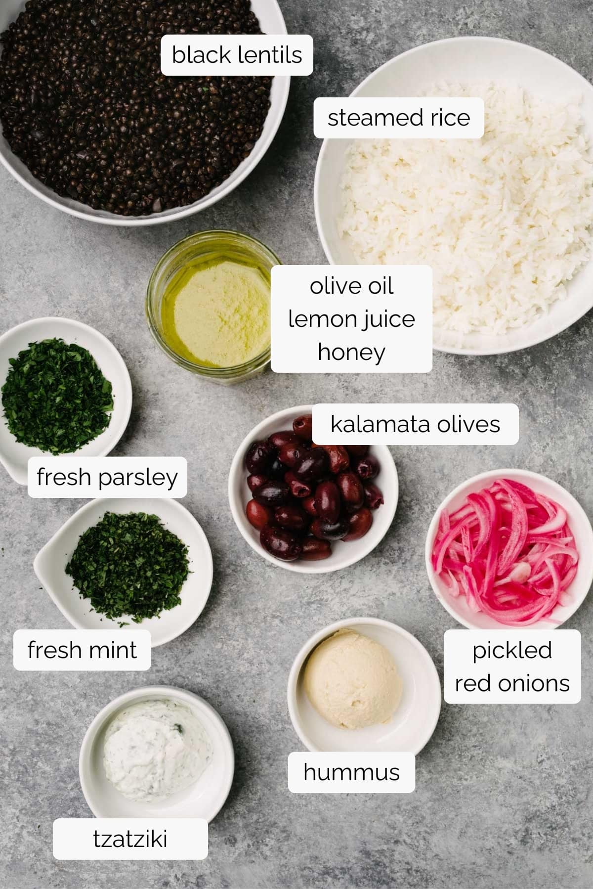 The ingredients for making homemade black lentil bowls arranged on a concrete background in small prep bowls - cooked black lentils, cooked white rice, lemon vinaigrette, fresh copped mint and parsley, tzatziki sauce, hummus, pickled red onions, and kalamata olives.