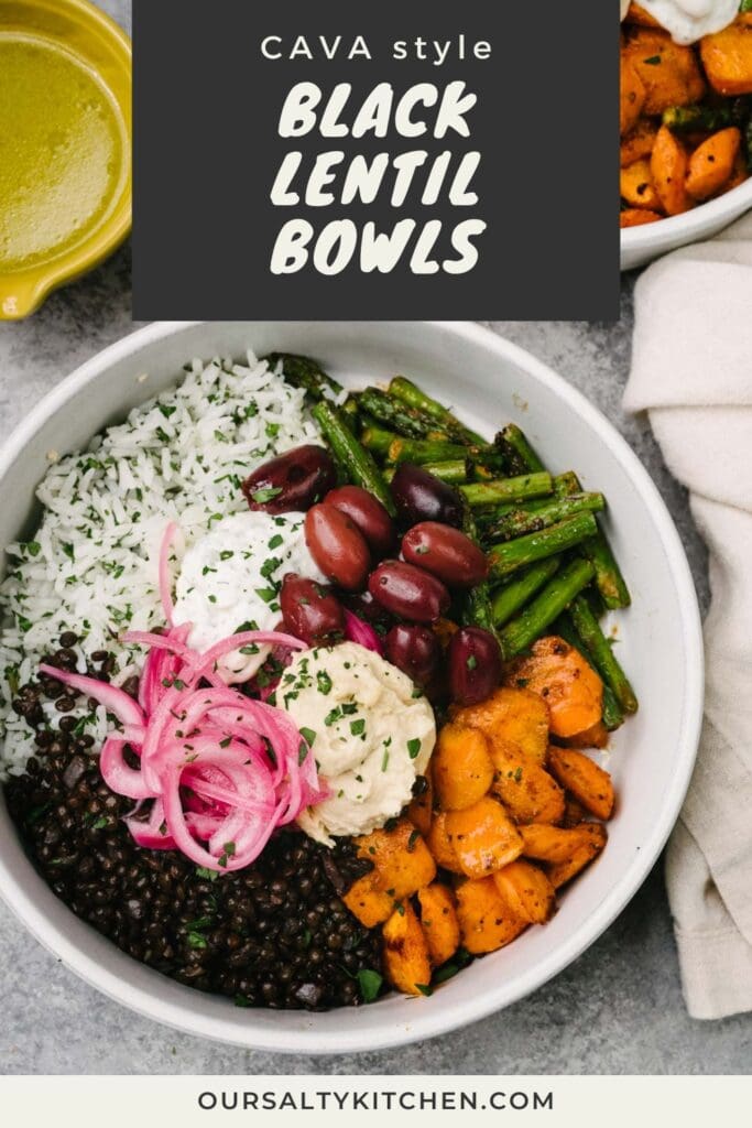 A black lentil, roasted vegetable, and grain bowl on a concrete background with a tan linen napkin to the side; title bar at the top reads "CAVA style black lentil bowls".