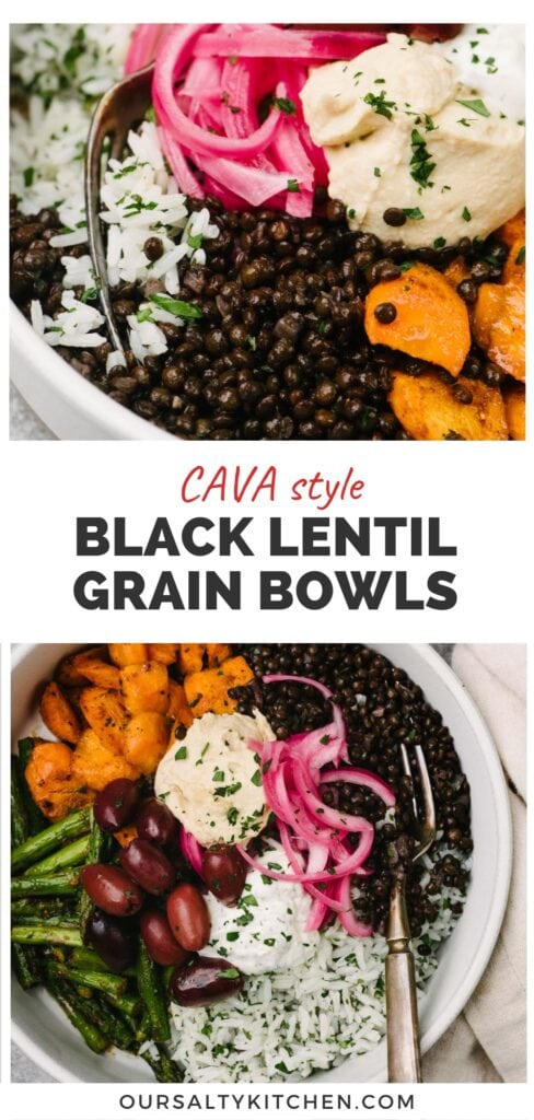 Two images from two angle (top, side view; bottom, overhead) of a fork tucked into a mediterranean grain bowl with black lentils, herb rice, and roasted vegetables, topped with hummus, tzatziki, pickled red onions, and kalamata olives; a title bar in the middle reads "CAVA style black lentil grain bowls".