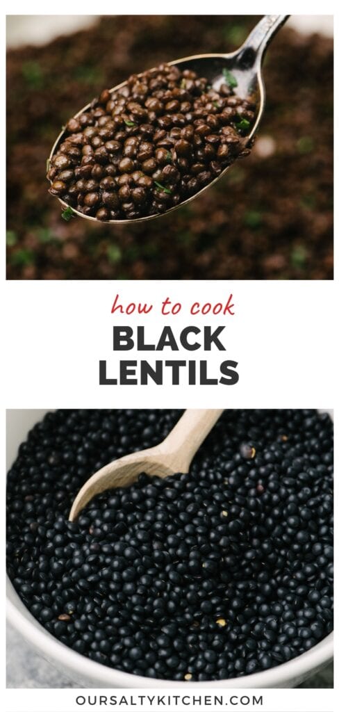 Top - side view, cooked black lentils in a silver spoon hovering over a bowl; bottom - a small wood spoon tucked into a bowl of dried black lentils; title bar in the middle reads "how to cook black lentils".