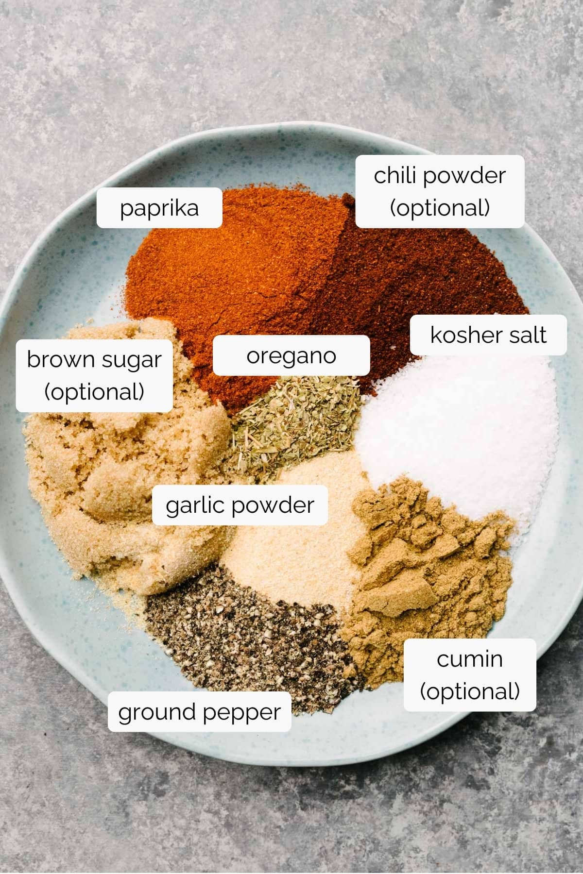 Rub rub ingredients for pulled pork arranged on a small blue plate with labels for each ingredient - brown sugar, paprika, kosher salt, cumin, chili powder, ground pepper, garlic powder, and oregano.