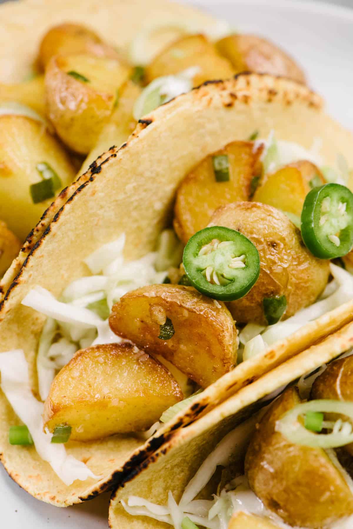 Side view, a close up view of potato tacos made with corn tortillas, lime coleslaw, sour cream, spicy yukon gold potatoes, and serrano chilies.